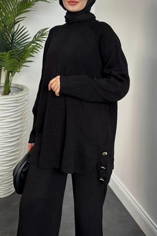 Metal Düğmeli Triko Takım Siyah