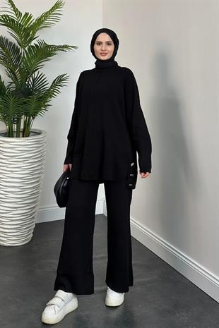 Metal Düğmeli Triko Takım Siyah