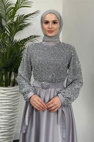 Mihret Üstü Boncuk İşleme Abiye Gri