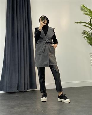 Mihver Kaşe Cepli Yelek Füme