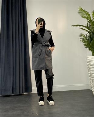 Mihver Kaşe Cepli Yelek Füme