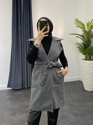 Mihver Kaşe Cepli Yelek Füme