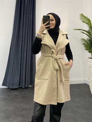 Mihver Kaşe Cepli Yelek Krem