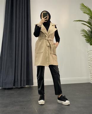 Mihver Kaşe Cepli Yelek Krem