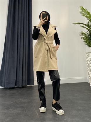 Mihver Kaşe Cepli Yelek Krem