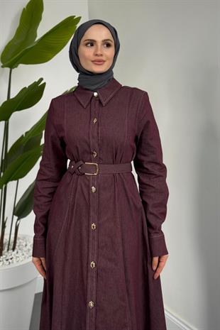 Milena Önden Düğmeli Tensel Kumaş Elbise Mürdüm