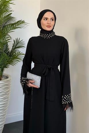 Mimoza Kolları Taşlı Krep Abiye Siyah