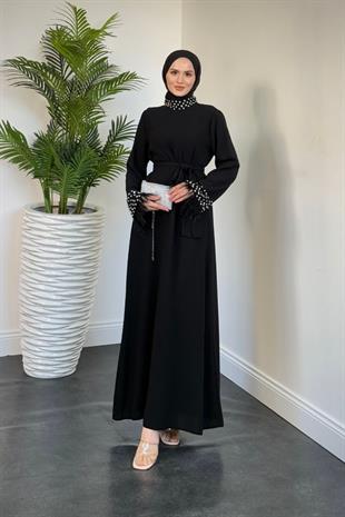 Mimoza Kolları Taşlı Krep Abiye Siyah