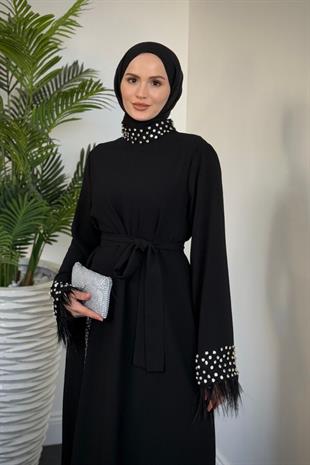 Mimoza Kolları Taşlı Krep Abiye Siyah