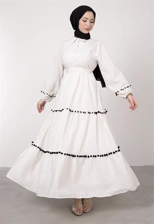 Mini Ponpon İşlemeli Tesettür Elbise Ekru