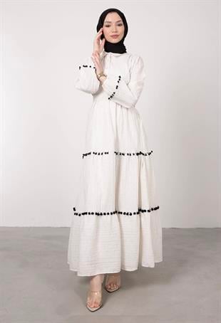 Mini Ponpon İşlemeli Tesettür Elbise Ekru