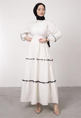 Mini Ponpon İşlemeli Tesettür Elbise Ekru