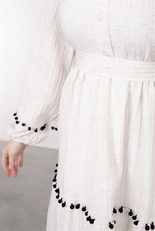 Mini Ponpon İşlemeli Tesettür Elbise Ekru