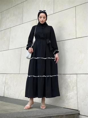 Mini Ponpon İşlemeli Tesettür Elbise Siyah