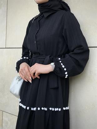 Mini Ponpon İşlemeli Tesettür Elbise Siyah