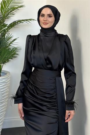 Mirabel Büzgülü Saten Abiye Siyah