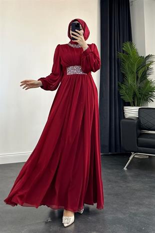 Mishe Şifon Abiye Bordo