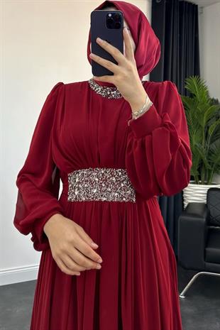 Mishe Şifon Abiye Bordo