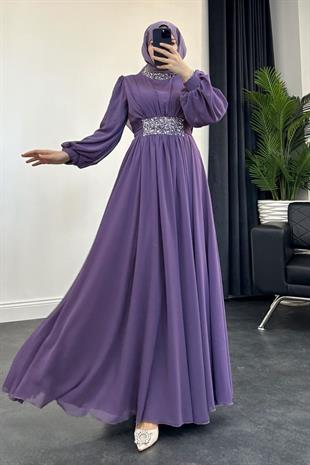 Mishe Şifon Abiye Lila