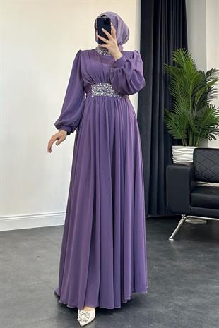 Mishe Şifon Abiye Lila