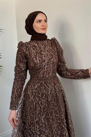 Mısra Simli Abiye Kahverengi