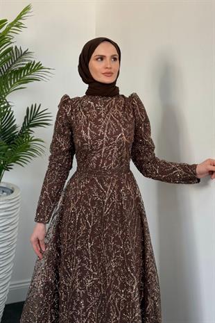 Mısra Simli Abiye Kahverengi