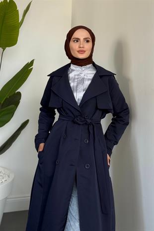 Mivora Astarlı Gabardin Trençkot Lacivert