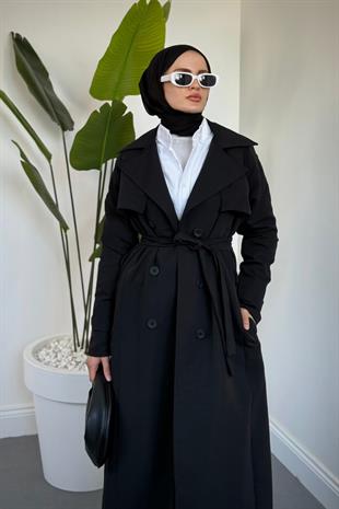 Mivora Astarlı Gabardin Trençkot Siyah