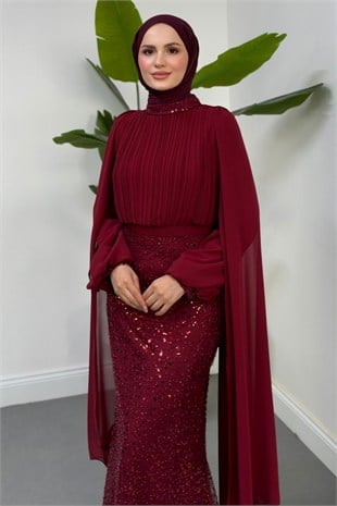 Mocha Pelerinli Pullu Balık Abiye Bordo