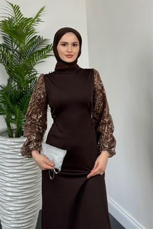 Mogy Kolları Payet Krep Abiye Kahverengi
