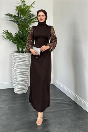 Mogy Kolları Payet Krep Abiye Kahverengi