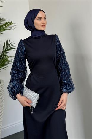 Mogy Kolları Payet Krep Abiye Lacivert