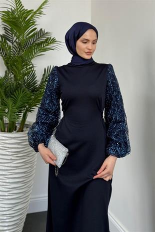 Mogy Kolları Payet Krep Abiye Lacivert