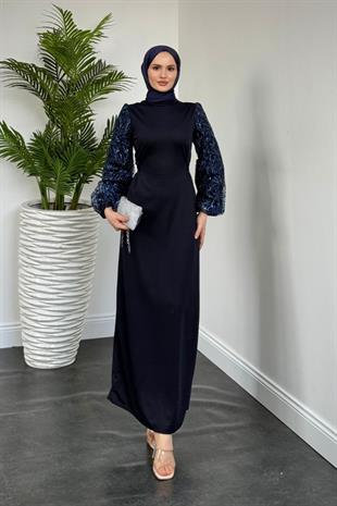 Mogy Kolları Payet Krep Abiye Lacivert