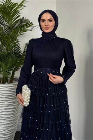 Mona Boncuklu Abiye Lacivert(KEMERSİZDİR)