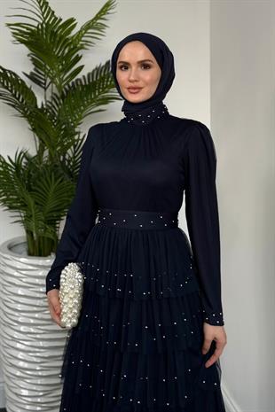 Mona Boncuklu Abiye Lacivert(KEMERSİZDİR)