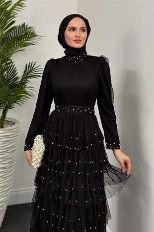 Mona Boncuklu Abiye Siyah(KEMERSİZDİR)
