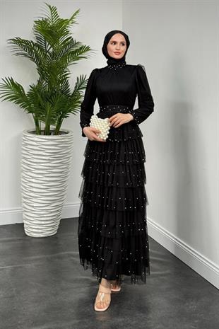 Mona Boncuklu Abiye Siyah(KEMERSİZDİR)