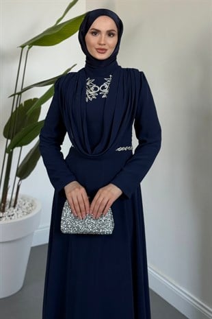 Monera Üstü Taşlı Şifon Abiye Lacivert