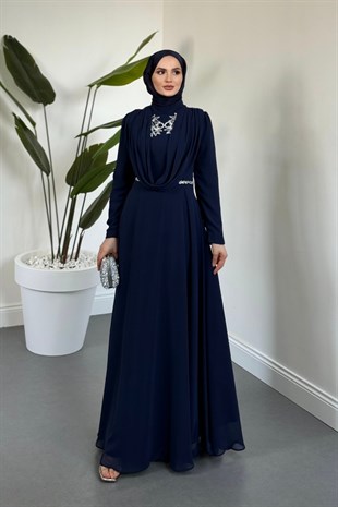 Monera Üstü Taşlı Şifon Abiye Lacivert