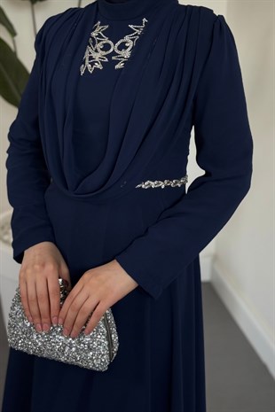 Monera Üstü Taşlı Şifon Abiye Lacivert