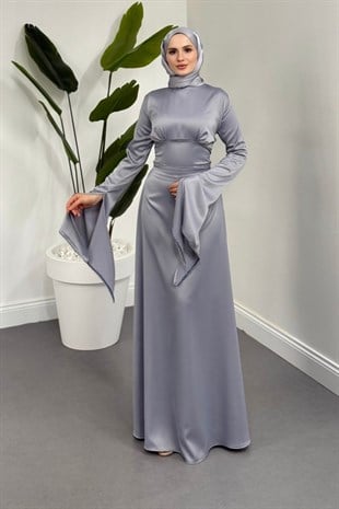 Monevia Kolları Yırtmaçlı Saten Abiye Gri