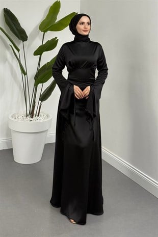Monevia Kolları Yırtmaçlı Saten Abiye Siyah