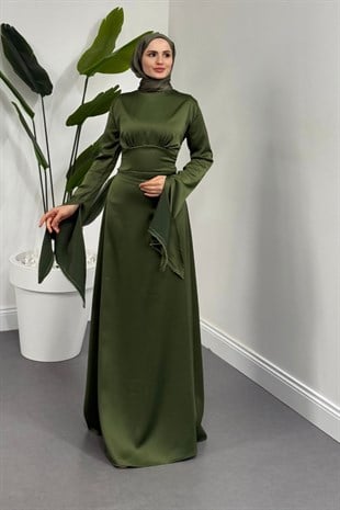 Monevia Kolları Yırtmaçlı Saten Abiye Haki