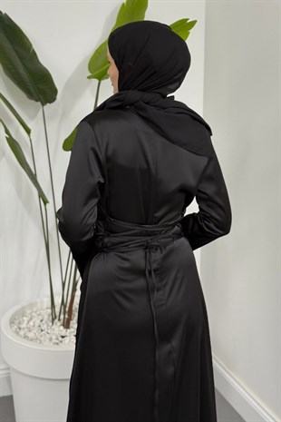 Monevia Kolları Yırtmaçlı Saten Abiye Siyah