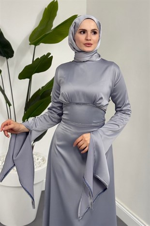 Monevia Kolları Yırtmaçlı Saten Abiye Gri