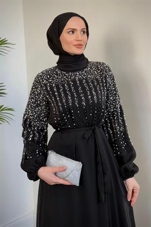 Monstera Üstü Taşlı Şifon Abiye Siyah