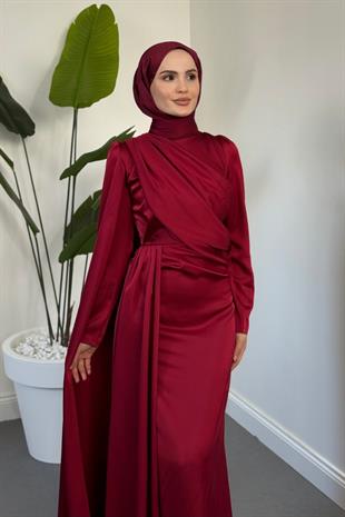 Morley Pelerinli Drapeli Saten Balık Abiye Bordo
