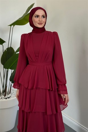 Morvella Kat Kat Şifon Elbise Bordo