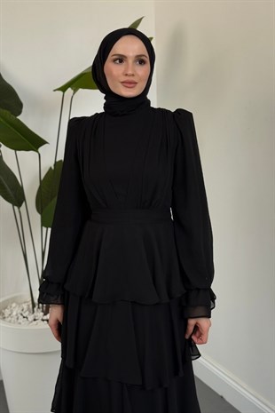 Morvella Kat Kat Şifon Elbise Siyah